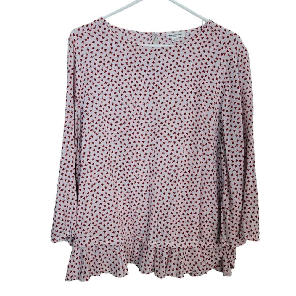 BeachLunchLounge White Ditsy Floral Print Blouse Flare Sleeves Ruffle Hem Sz Lg